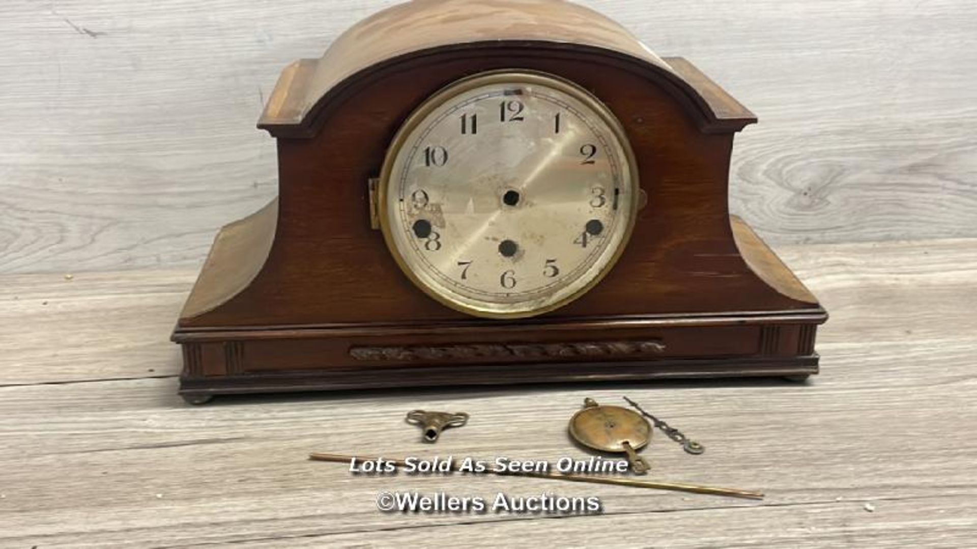 *ANTIQUE LARGE MAHOGANY DIMRA WESTMINSTER CHIME MANTLE CLOCK & PENDULUM, IN NEED OF RESTORATION