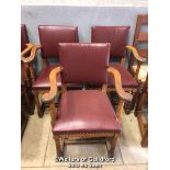 *X3 OAK CARVER CHAIRS WITH BURGANDY LEATHER UPHOLSTERED SEATS - 91CM H X 59CM W X 50CM D