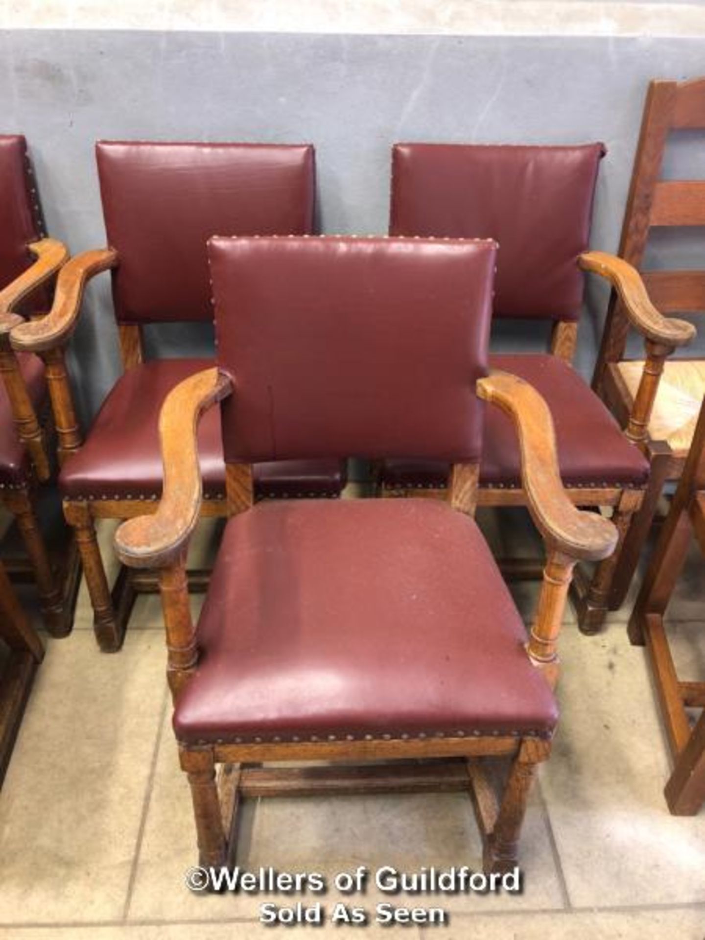 *X3 OAK CARVER CHAIRS WITH BURGANDY LEATHER UPHOLSTERED SEATS - 91CM H X 59CM W X 50CM D