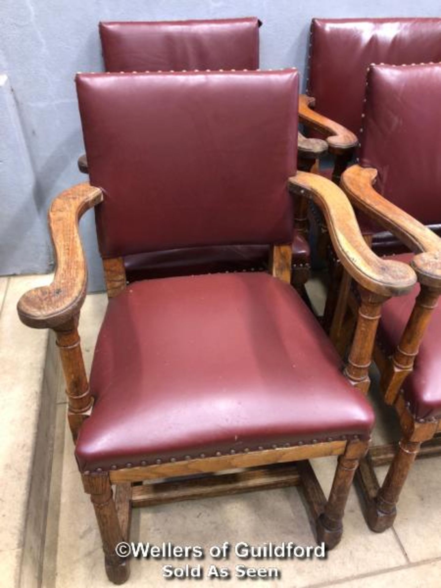 *X4 OAK CARVER CHAIRS WITH BURGANDY LEATHER UPHOLSTERED SEATS - 91CM H X 59CM W X 50CM D - Image 2 of 2