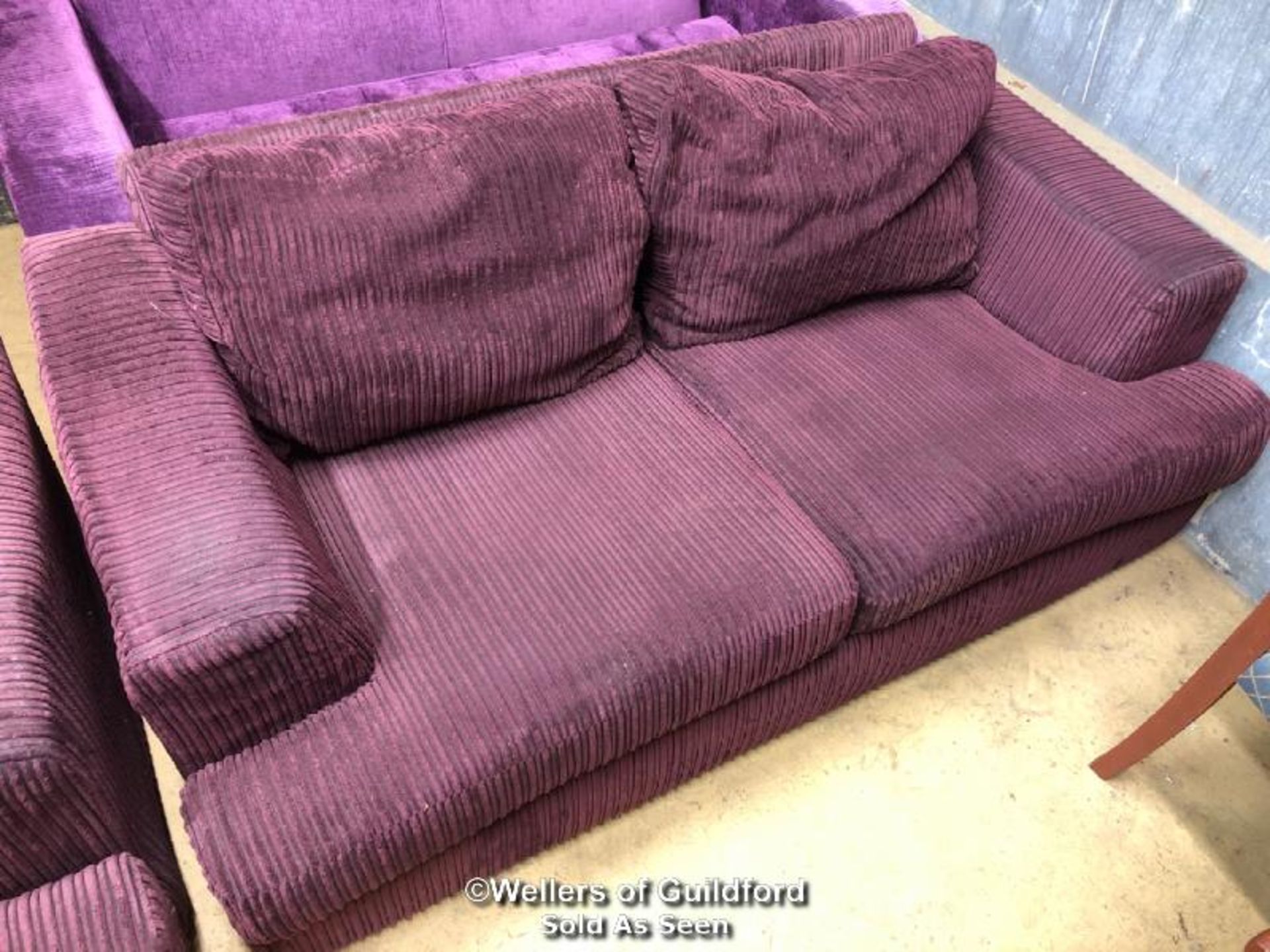 *PURPLE STRIPED SOFA WITH MATCHING ARM CHAIR - SOFA 65CM H X 175CM W X 95CM D