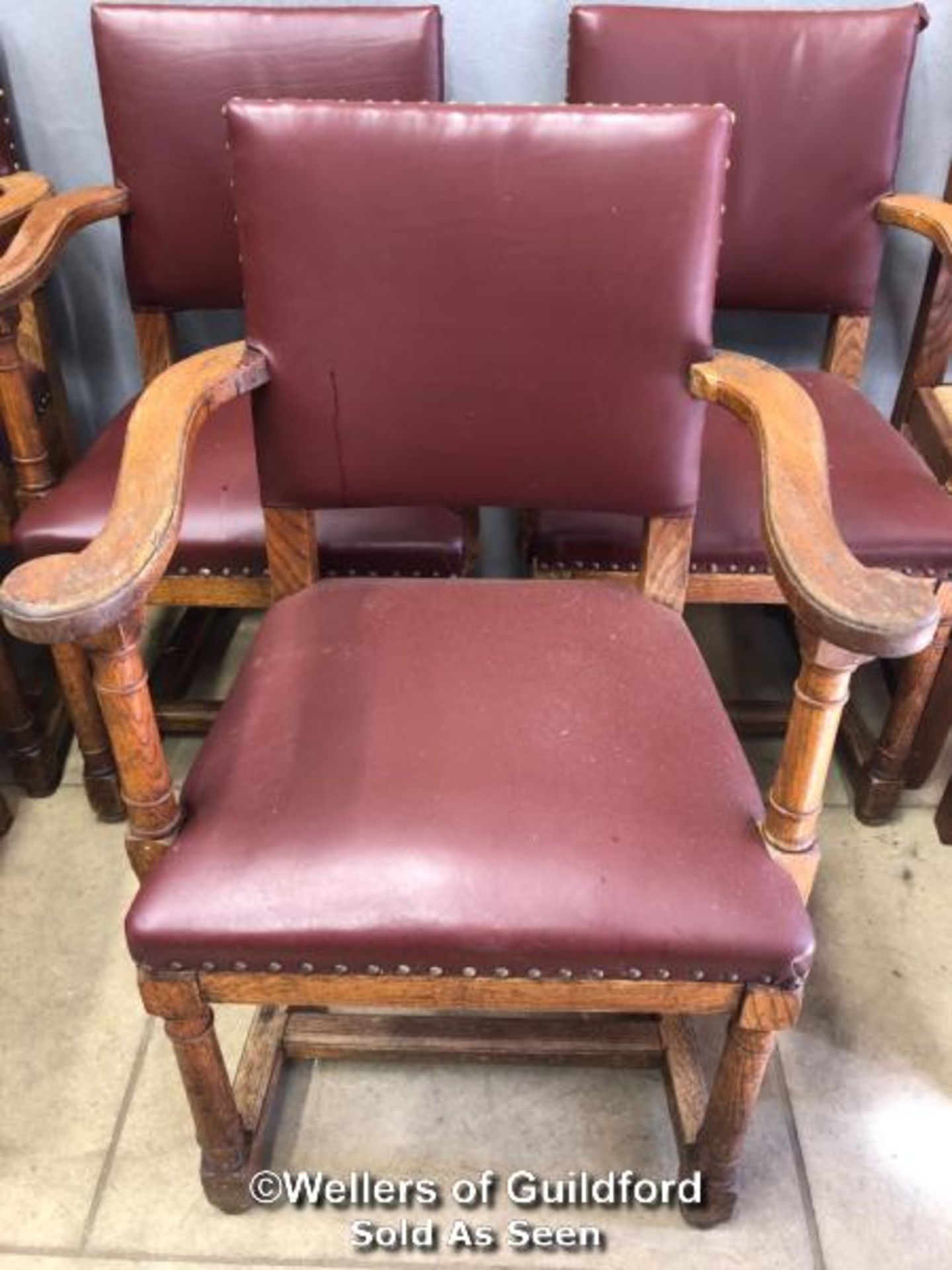 *X3 OAK CARVER CHAIRS WITH BURGANDY LEATHER UPHOLSTERED SEATS - 91CM H X 59CM W X 50CM D - Image 2 of 2