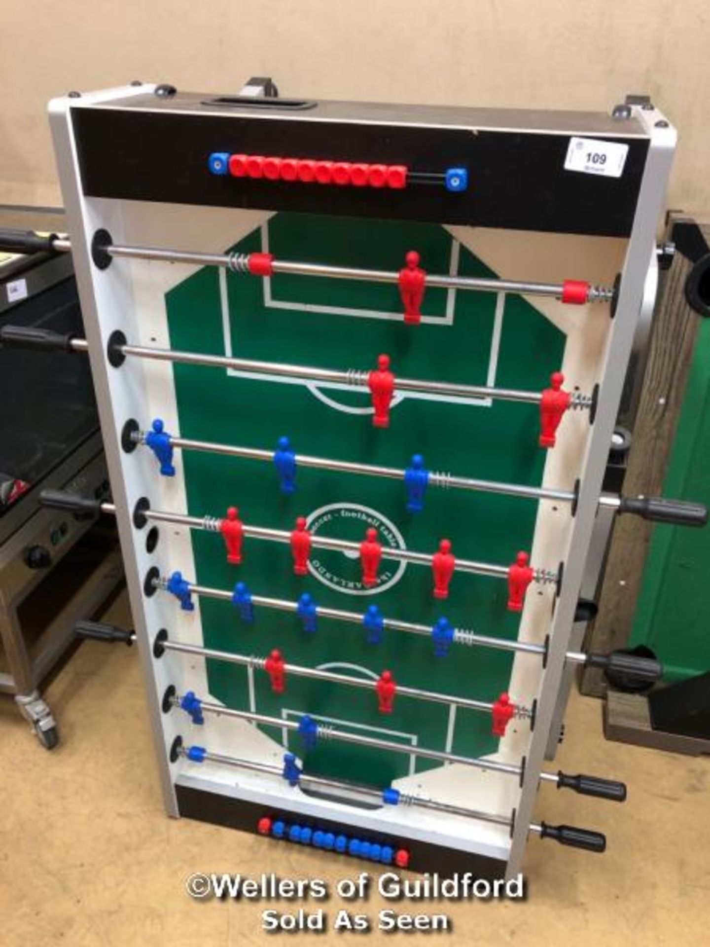 *EVOLUTION GARLANDO FOOSBALL TABLE, FOLD OUT LEGS, NO BALL, ONE BOLT STUCK OBSTRUCTING THE SECOND