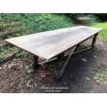 *OAK REFECTORY TABLE WITH NON MATCHING BASE - 3.65M L X 104CM W X 80CM H