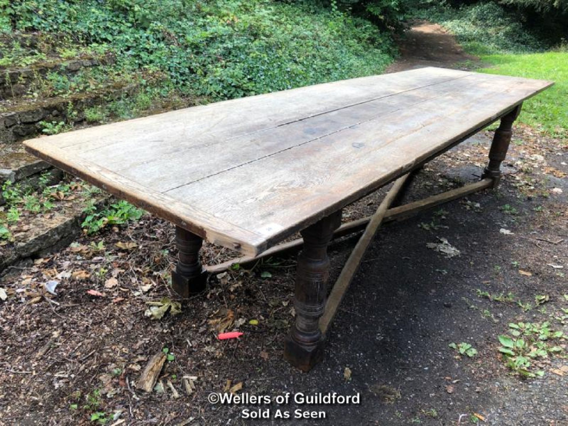 *OAK REFECTORY TABLE WITH NON MATCHING BASE - 3.65M L X 104CM W X 80CM H