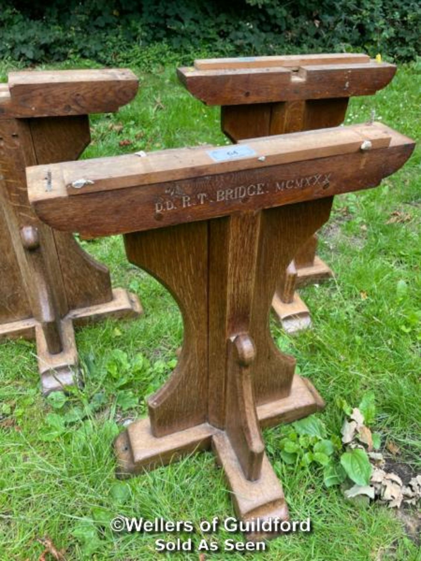 *SET OF THREE OAK REFECTORY TABLE BASES - 69CM H X 56CM W - Image 2 of 2