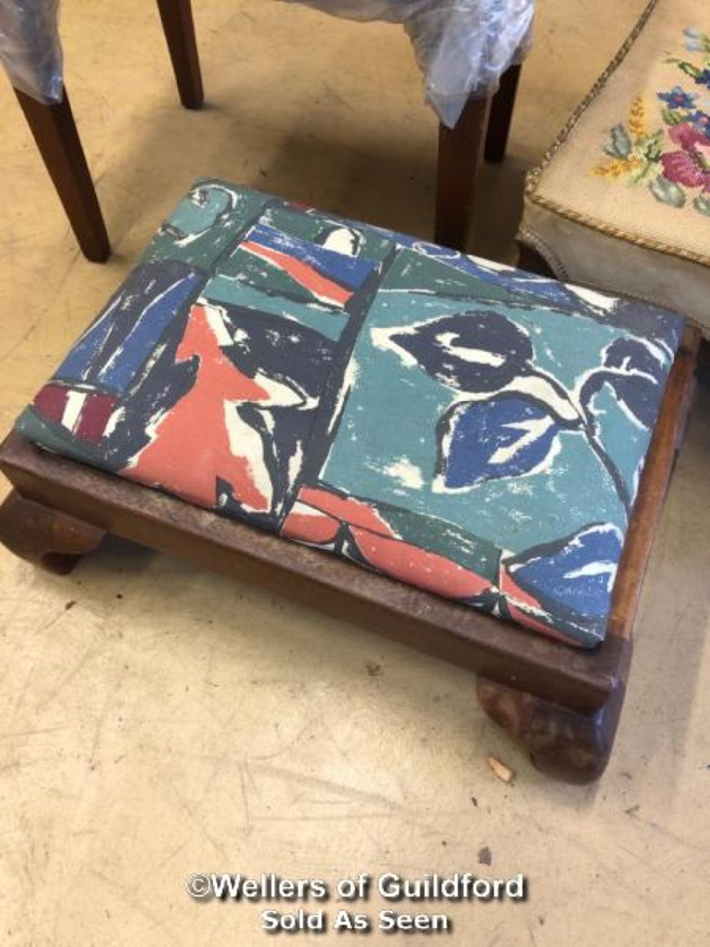 *X2 FOOT STOOLS, ONE WITH TAPESTRY UPHOLSTERY AND A PINAO STOOL - 49CM H X 49CM H X 35CM D