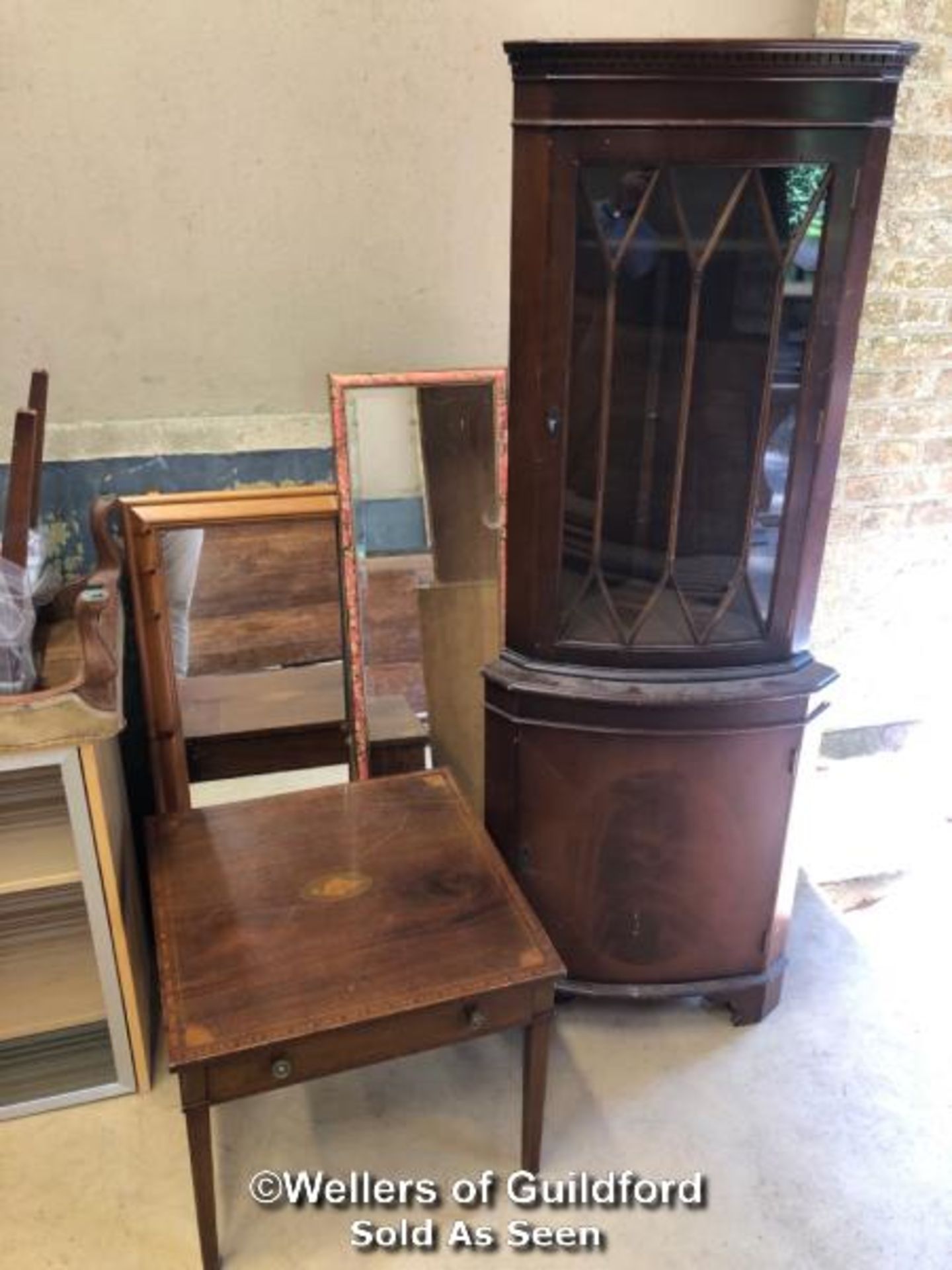 *MAHOGANY CORNER CABINET - 179CM H X 65CM W X 46CM D, X2 MIRRORS, AND INLAID TABLE