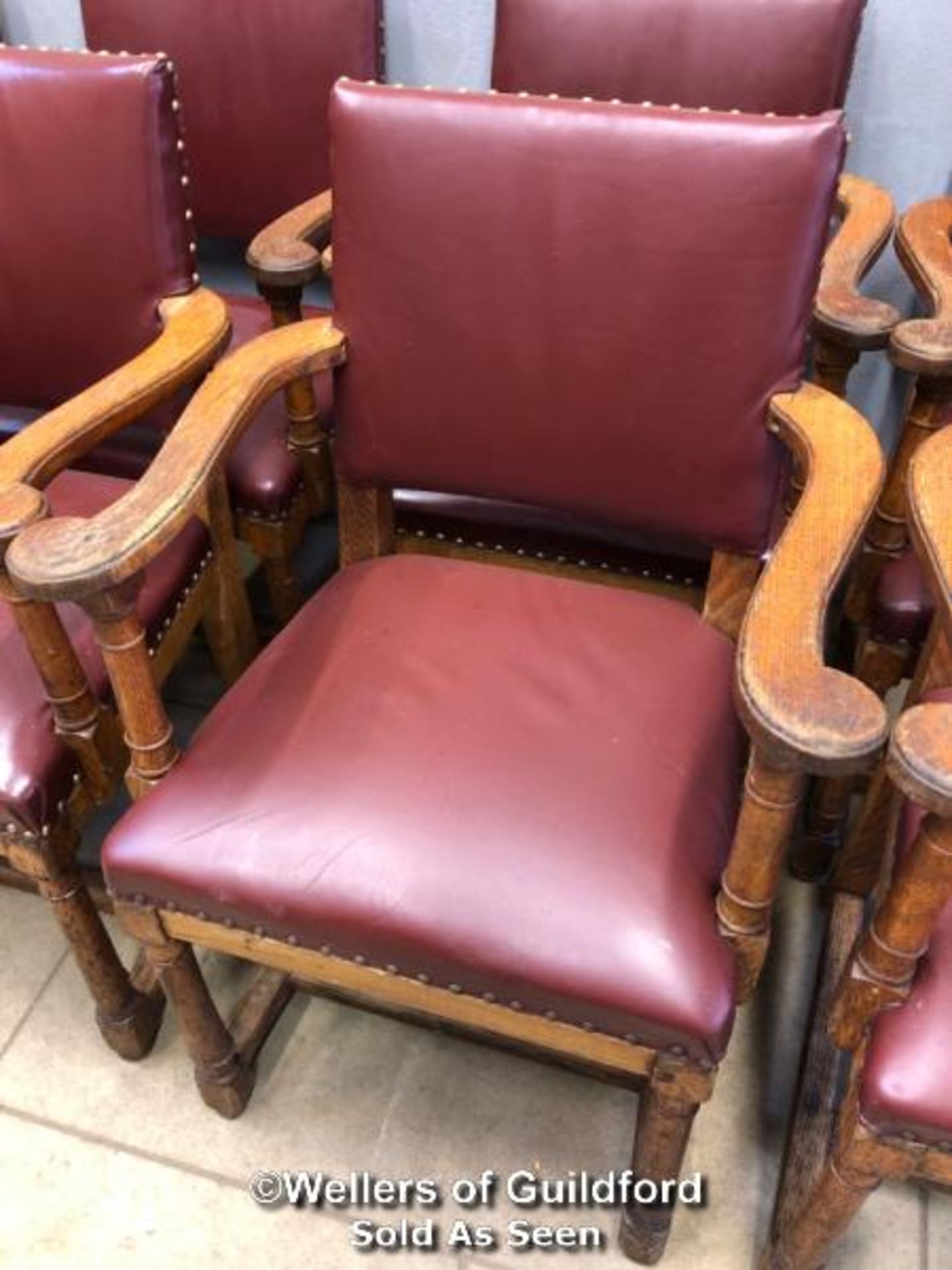 *X4 OAK CARVER CHAIRS WITH BURGANDY LEATHER UPHOLSTERED SEATS - 91CM H X 59CM W X 50CM D - Image 2 of 2