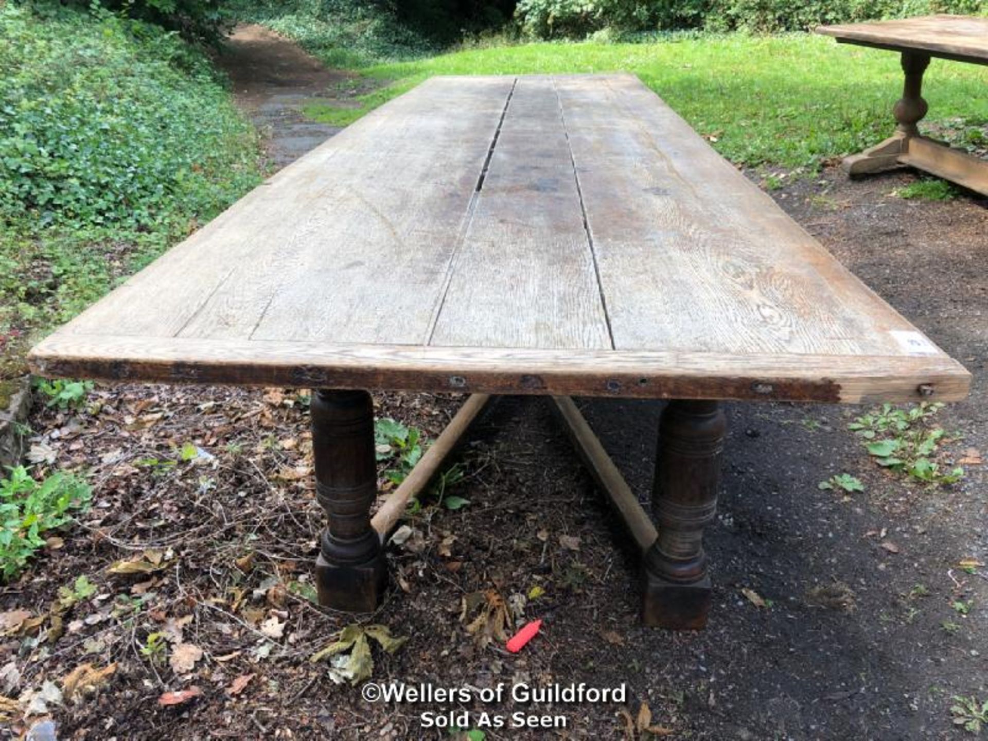 *OAK REFECTORY TABLE WITH NON MATCHING BASE - 3.65M L X 104CM W X 80CM H - Image 2 of 4