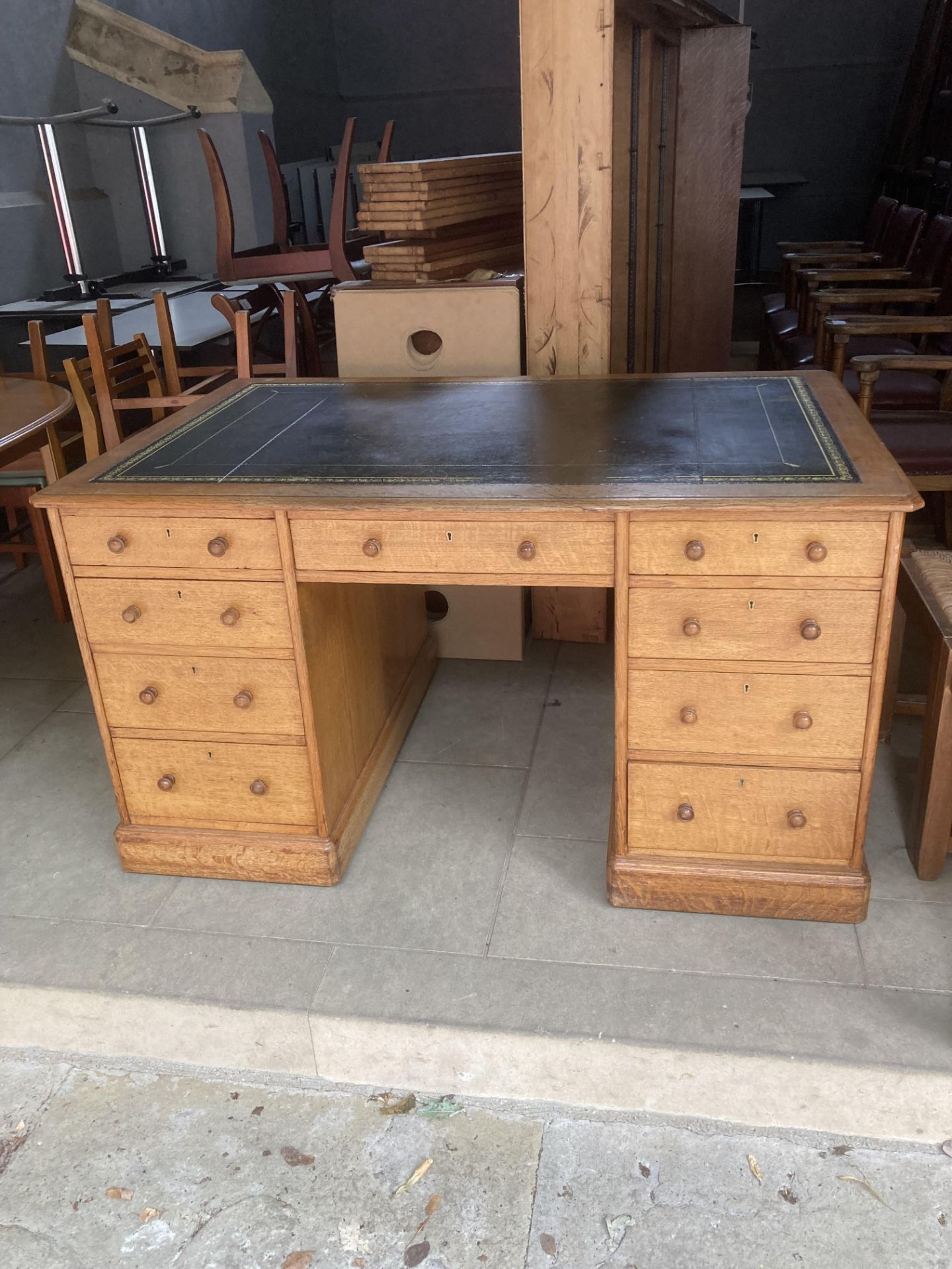 *PEDESTAL DESK WITH LEATHER INSERT, BY C. HINDLEY & SONS, 164 OXFORD ST, LONDON