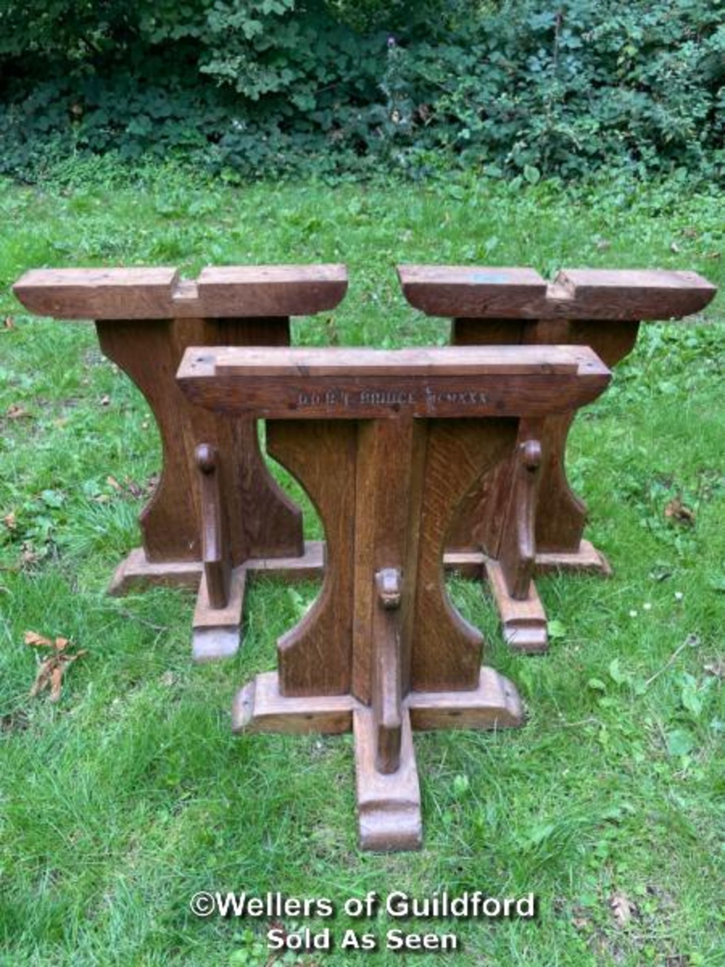 *SET OF THREE OAK REFECTORY TABLE BASES - 69CM H X 56CM W