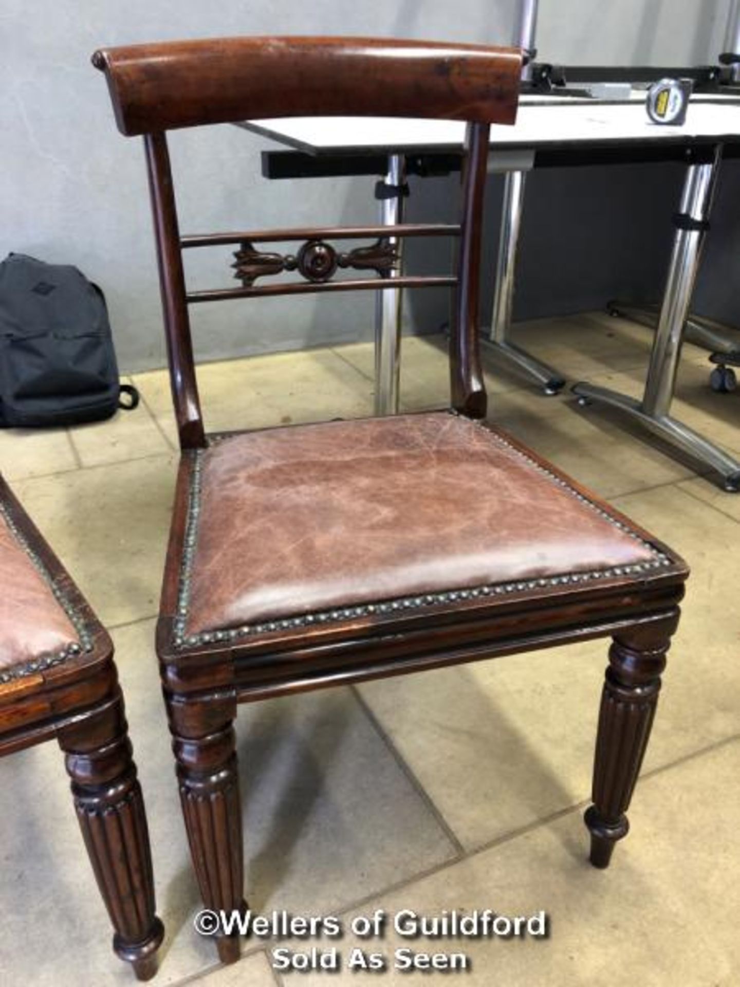 *PAIR OF MAHOGANY CHAIRS WITH COLUMN LEGS AND LEATHER UPHOLSTERY - 83CM H C 48CM W X 44CM D - Image 2 of 4