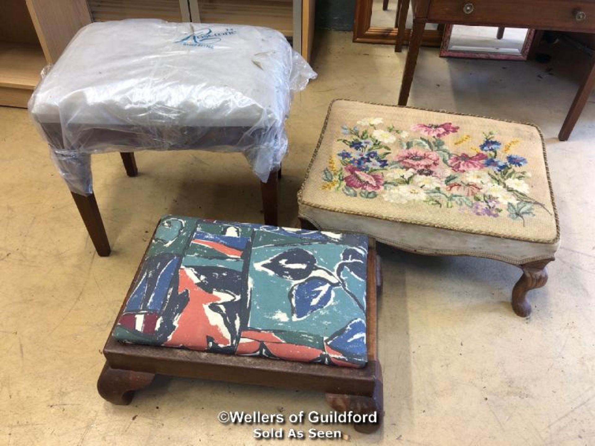 *X2 FOOT STOOLS, ONE WITH TAPESTRY UPHOLSTERY AND A PINAO STOOL - 49CM H X 49CM H X 35CM D - Image 4 of 4
