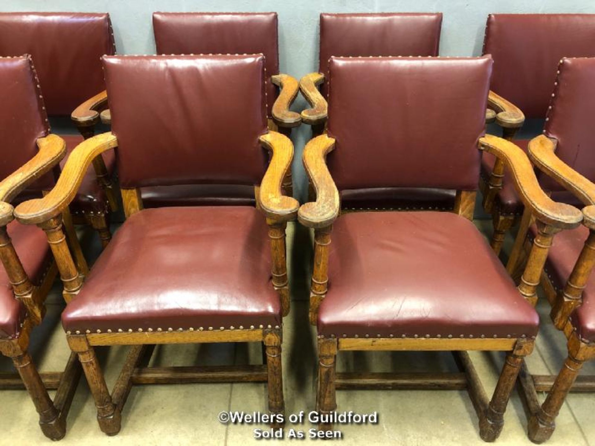 *X4 OAK CARVER CHAIRS WITH BURGANDY LEATHER UPHOLSTERED SEATS - 91CM H X 59CM W X 50CM D