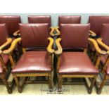 *X4 OAK CARVER CHAIRS WITH BURGANDY LEATHER UPHOLSTERED SEATS - 91CM H X 59CM W X 50CM D