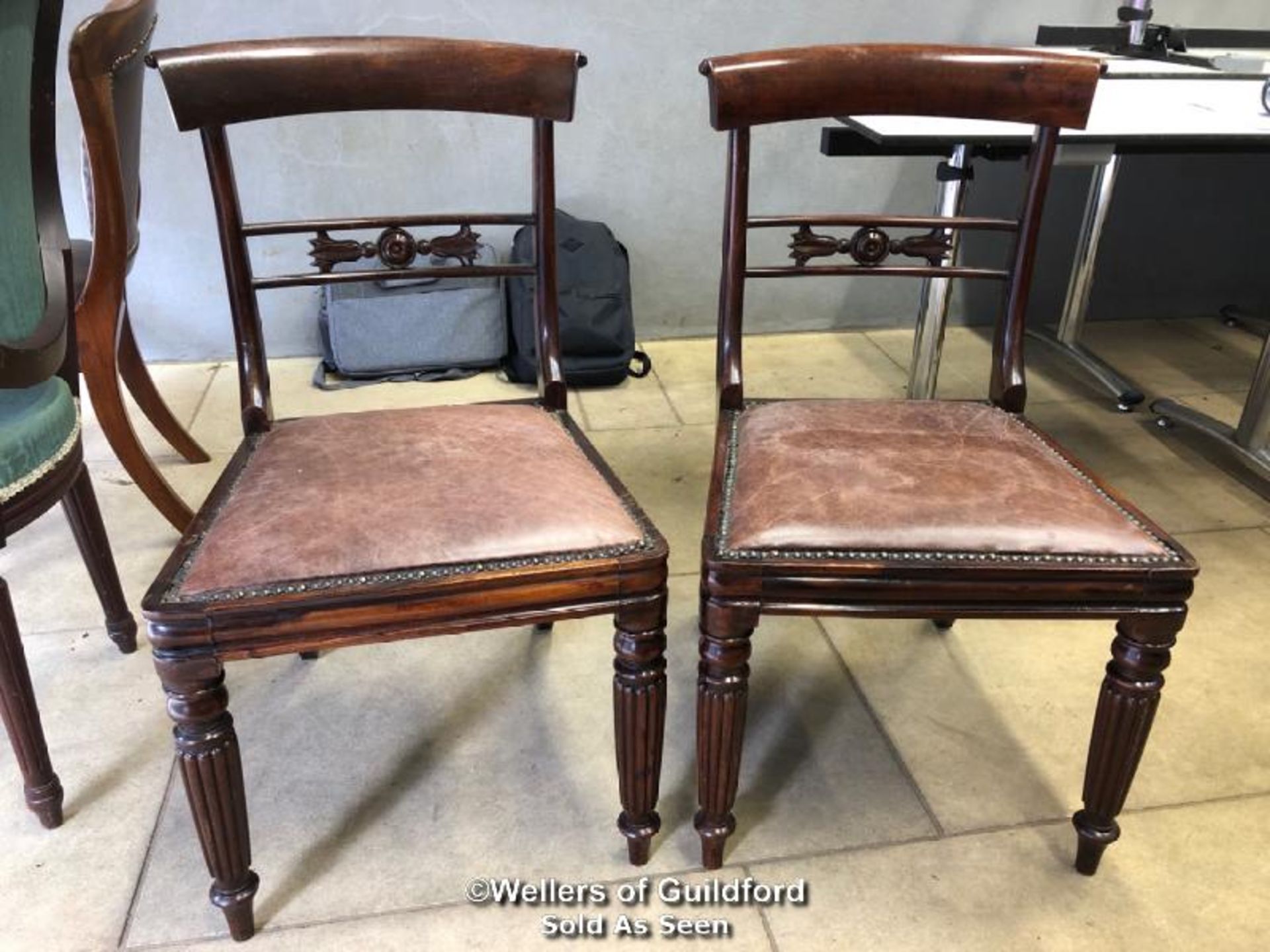 *PAIR OF MAHOGANY CHAIRS WITH COLUMN LEGS AND LEATHER UPHOLSTERY - 83CM H C 48CM W X 44CM D