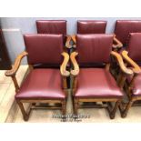 *X4 OAK CARVER CHAIRS WITH BURGANDY LEATHER UPHOLSTERED SEATS - 91CM H X 59CM W X 50CM D