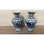 TWO SIMILAR MULTAN POTTERY VASES FROM PAKISTAN, HAND PAINTED BLUE & TURQUOISE FOLIAGE AND FLOWER