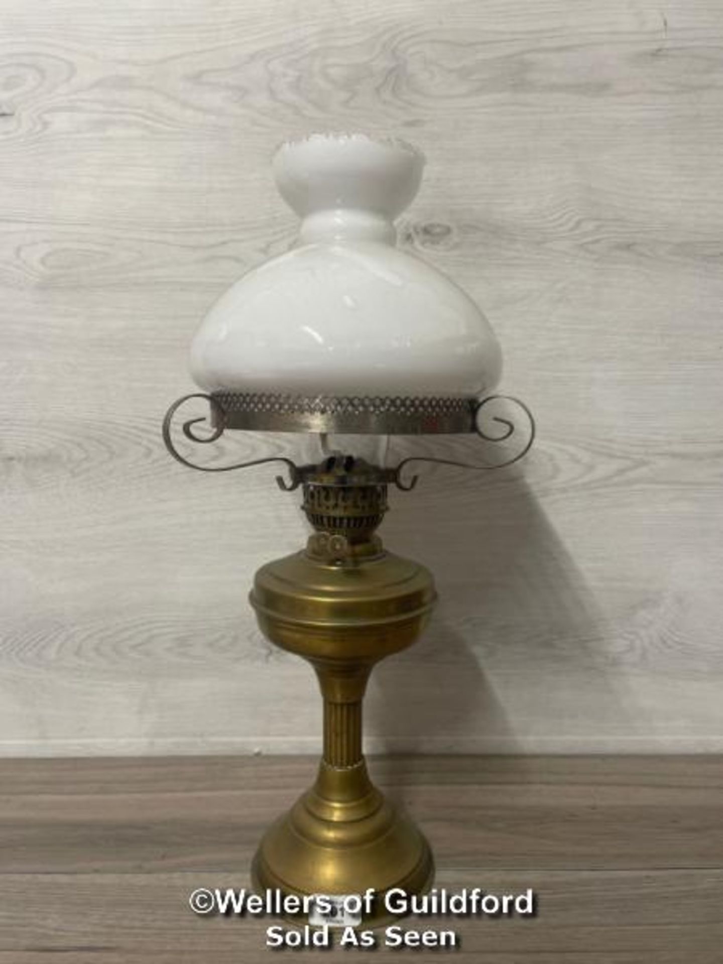 *VINTAGE OIL LAMP WITH GLASS SHADE AND CHIMNEY, 57CM HIGH