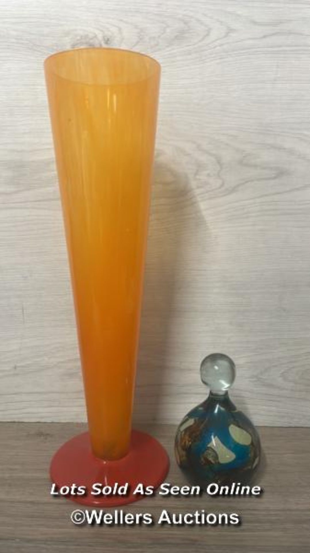 A TALL ORANGE GLASS VASE C1960-1970S, 40CM HIGH, 12.5CM BASE DIAMETER AND A SMALL MDINA GLASS