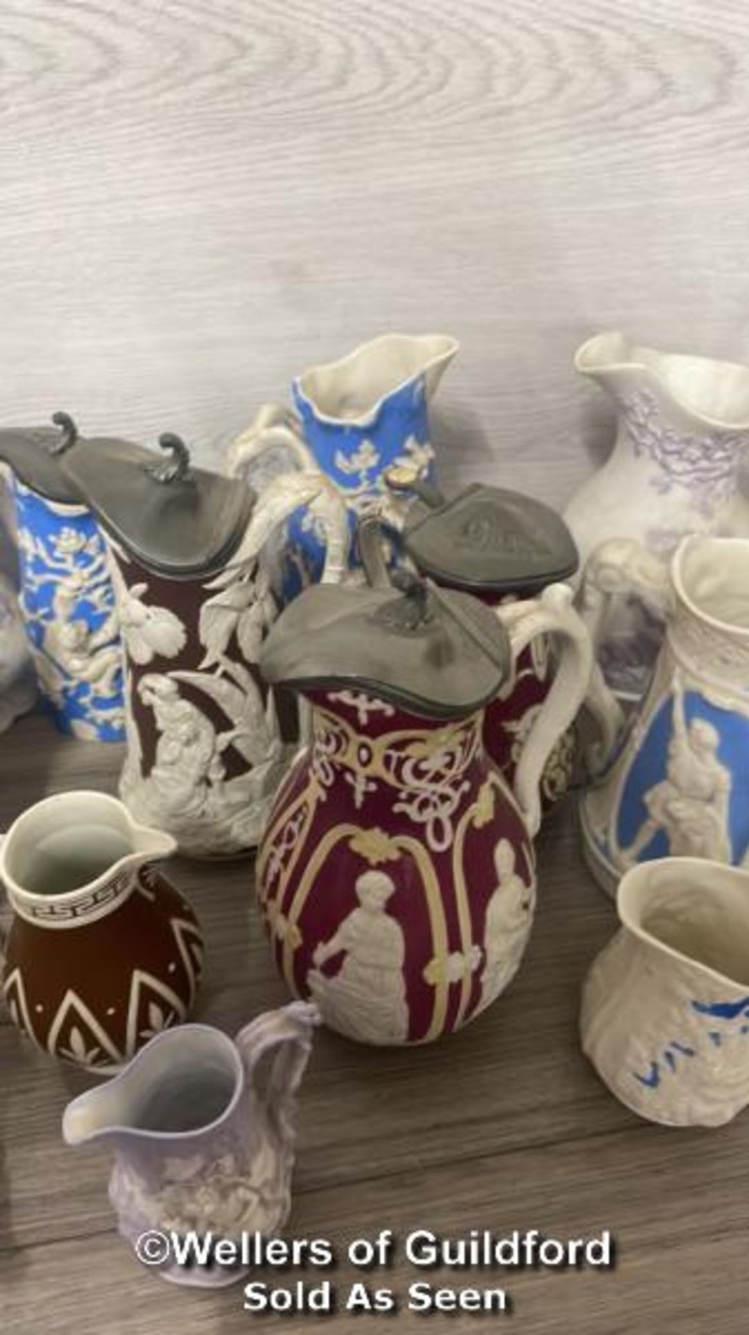 *A COLLECTION OF VICTORIAN JUGS, SOME RELIEF MOULDED, SOME WITH LIDS, SOME GRADUATED PAIRS - Image 3 of 4