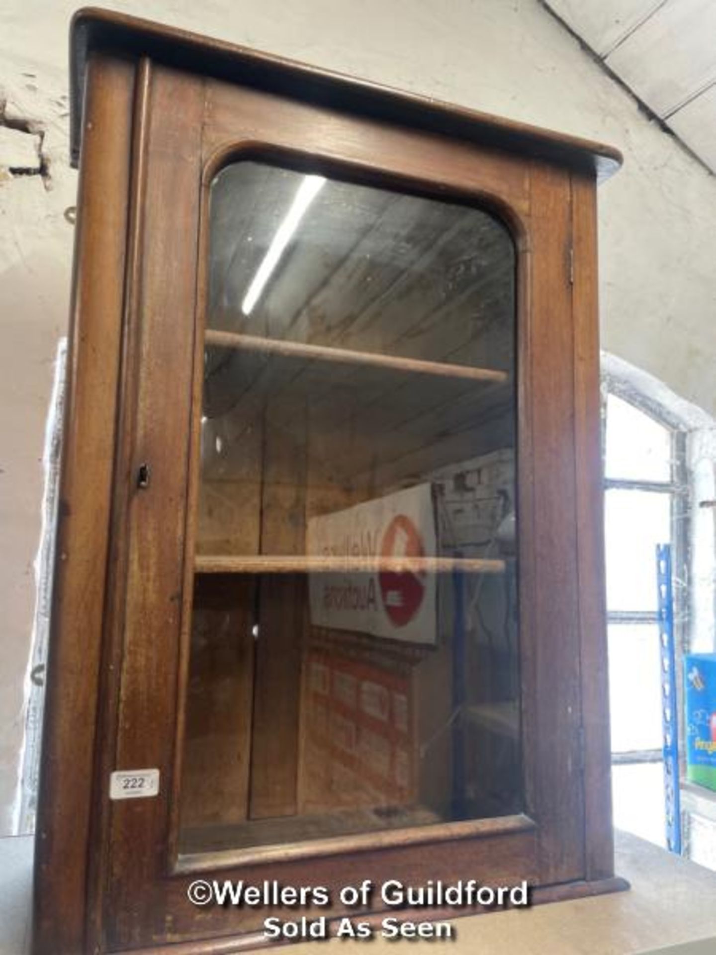 VICTORIAN WALL HANGING DISPLAY CABINET WITH ORIGINAL GLASS AND WORKING LOCK & KEY, 60 X 83 X 27CM
