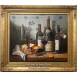 *RAYMOND CAMPBELL (B-1956) STILL LIFE "WARRES VINTAGE 1984", OIL ON BOARD IN DECORATIVE FRAME,