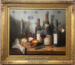 *RAYMOND CAMPBELL (B-1956) STILL LIFE "WARRES VINTAGE 1984", OIL ON BOARD IN DECORATIVE FRAME,