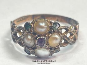 *ANTIQUE RING (POSSIBLY GEORGIAN) PEARL AND RUBY RING WITH GREEN STONE ACCESNTS. STAMPED 15CT INSIDE