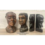 TWO CARVED AFRICAN HARDWOOD BUSTS, LARGEST 25.5CM HIGH AND A PAIR OF EBONY CARVED BOOKENDS WITH