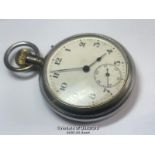 VINTAGE POCKET WATCH, IN WHITE METAL CASE (CASE DOES NOT APPEAR TO OPEN), TICKING WHEN WOUND, 4.