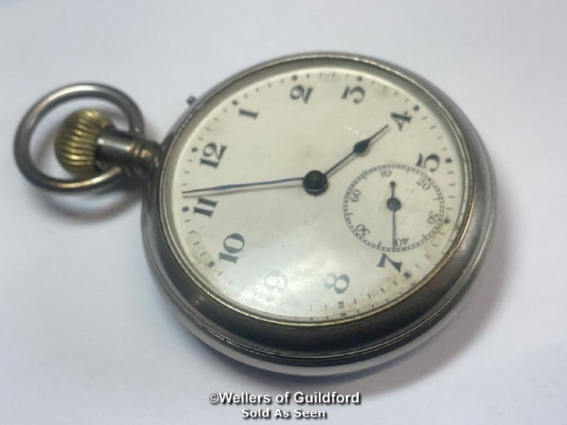 VINTAGE POCKET WATCH, IN WHITE METAL CASE (CASE DOES NOT APPEAR TO OPEN), TICKING WHEN WOUND, 4.