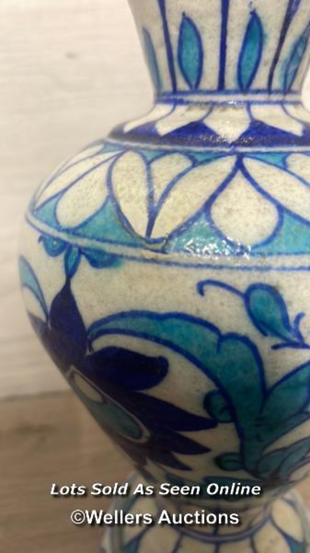 TWO SIMILAR MULTAN POTTERY VASES FROM PAKISTAN, HAND PAINTED BLUE & TURQUOISE FOLIAGE AND FLOWER - Image 10 of 15