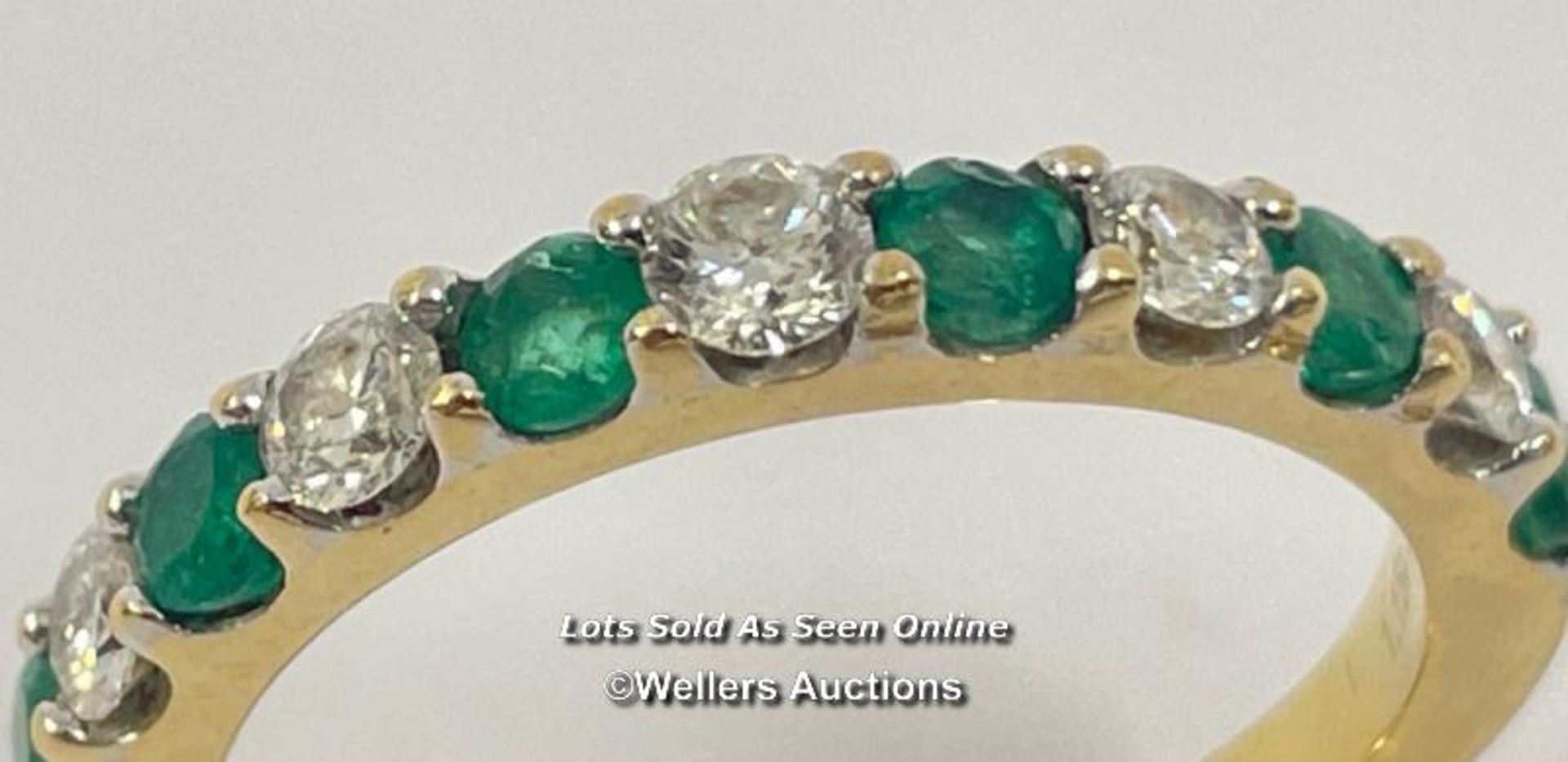 EMERALD AND DIAMOND ETERNITY HALF BAND STAMPED 18CT, RING SIZE O, DIAMOND WEIGHT 0.40CT ESTIMATED