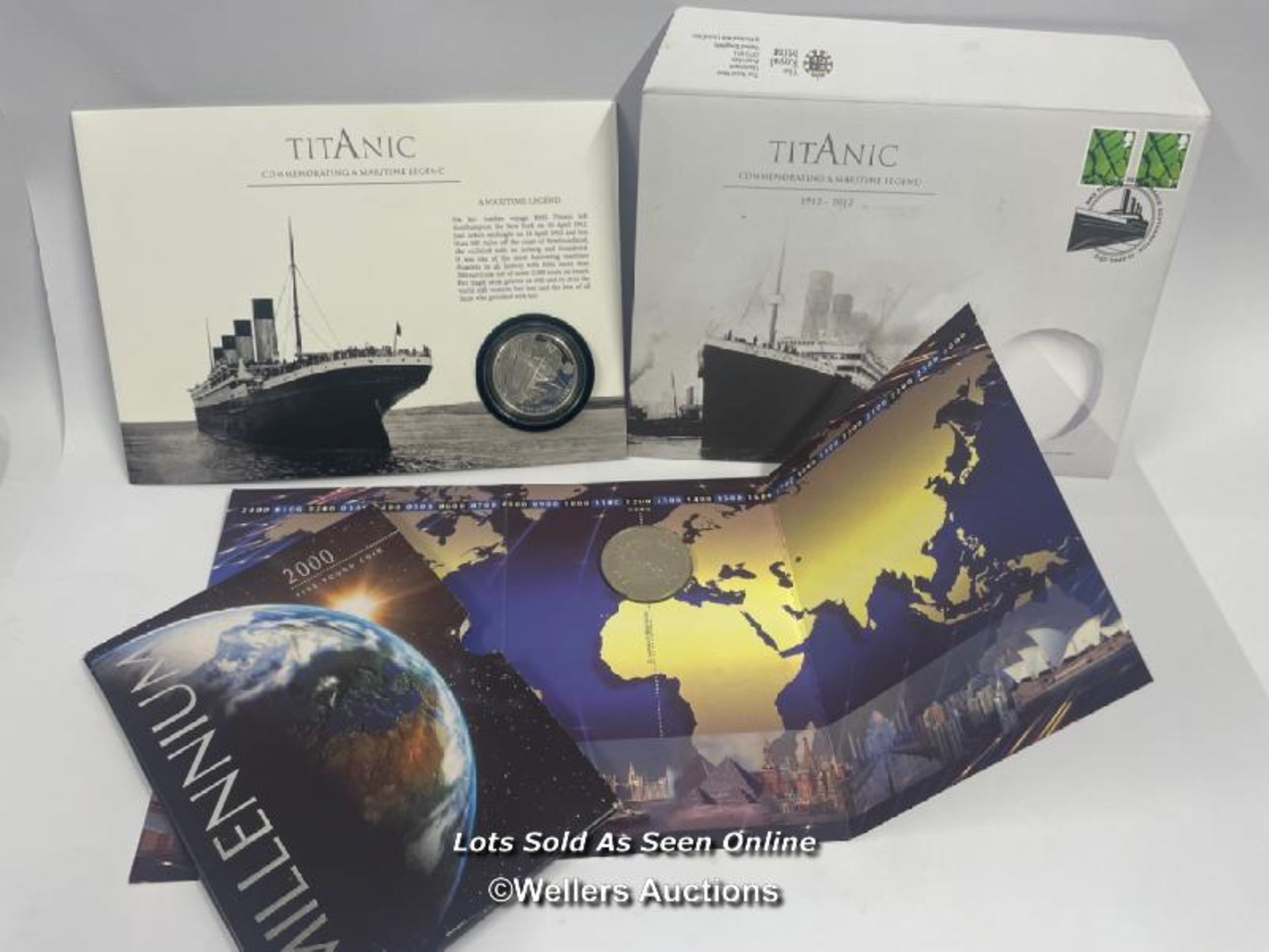 THE ROYAL MINT TITANIC SILVER PROOF £5 COIN NO.0642 AND ROYAL MINT MILLENIUM £5 COIN