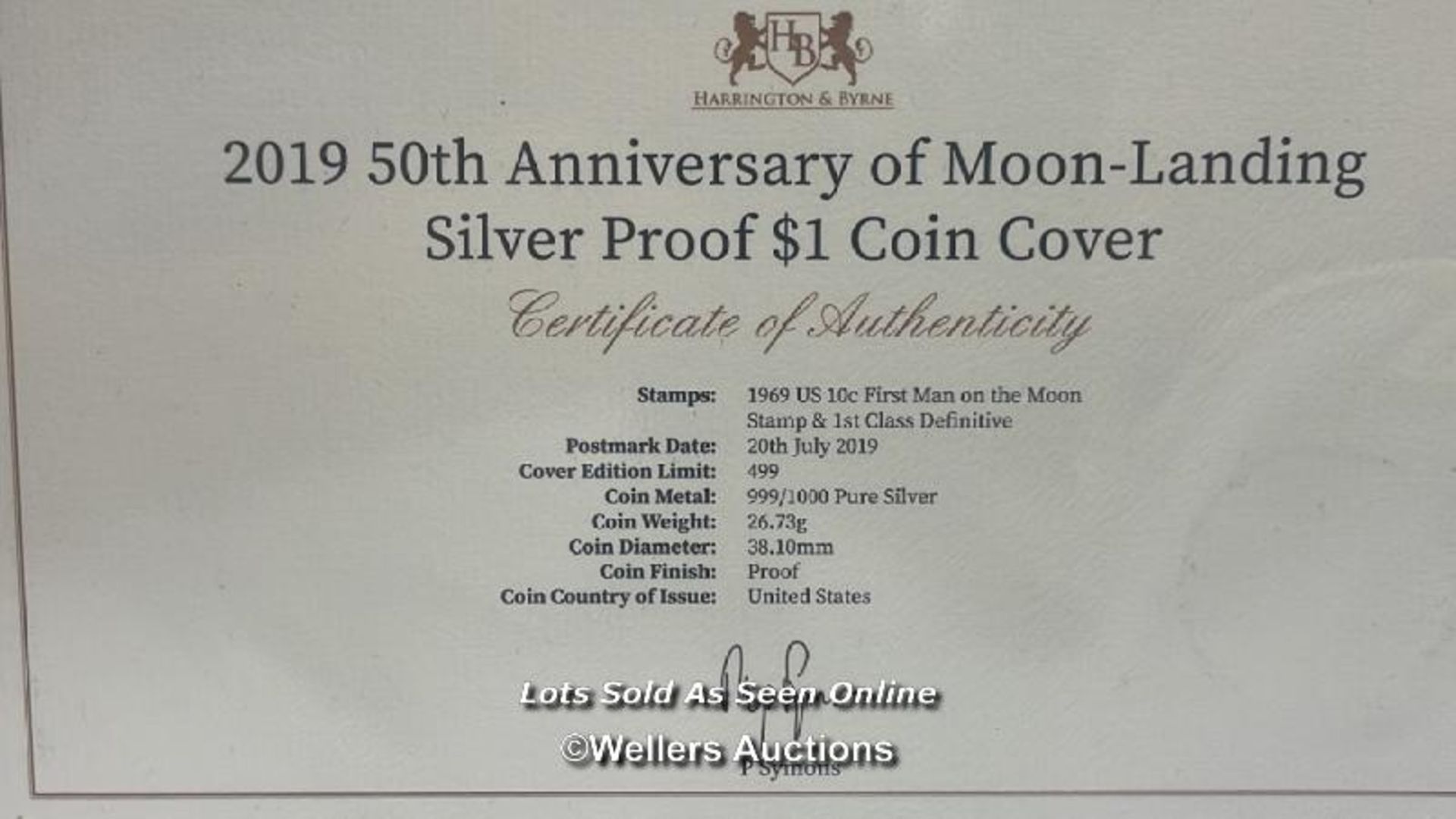 HARRINGTON & BYRNE 2019 50TH ANNIVERSARY OF THE MOON LANDING SILVER PROOF $1 COIN AND MOON LANDING - Image 4 of 8