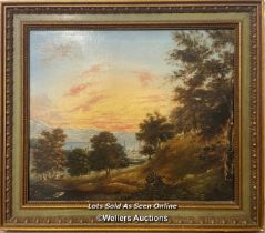 *Late 19th century oil on board of a sunset over a bay, 33.5 x 28cm, unsigned