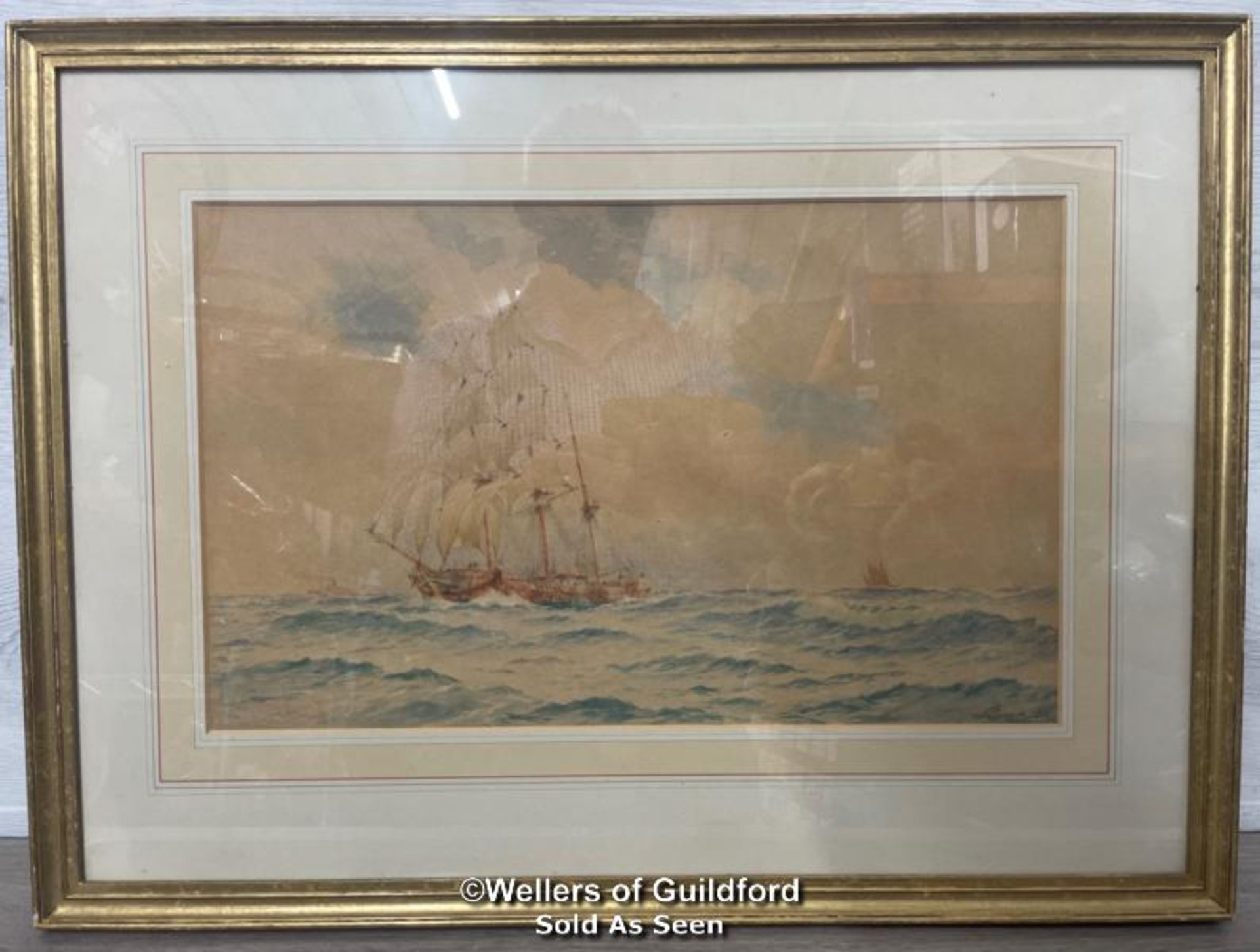 WILLIAM STEPHEN TOMKIN (1861-1940) FRAMED WATERCOLOUR OF A TALL SHIP IN ROUGH SEA, SIGNED AND