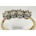 FOUR STONE DIAMOND RING IN HALLMARKED 9CT GOLD. ESTIMATED DIAMOND WEIGHT 0.45CT, RING SIZE L 1/2,