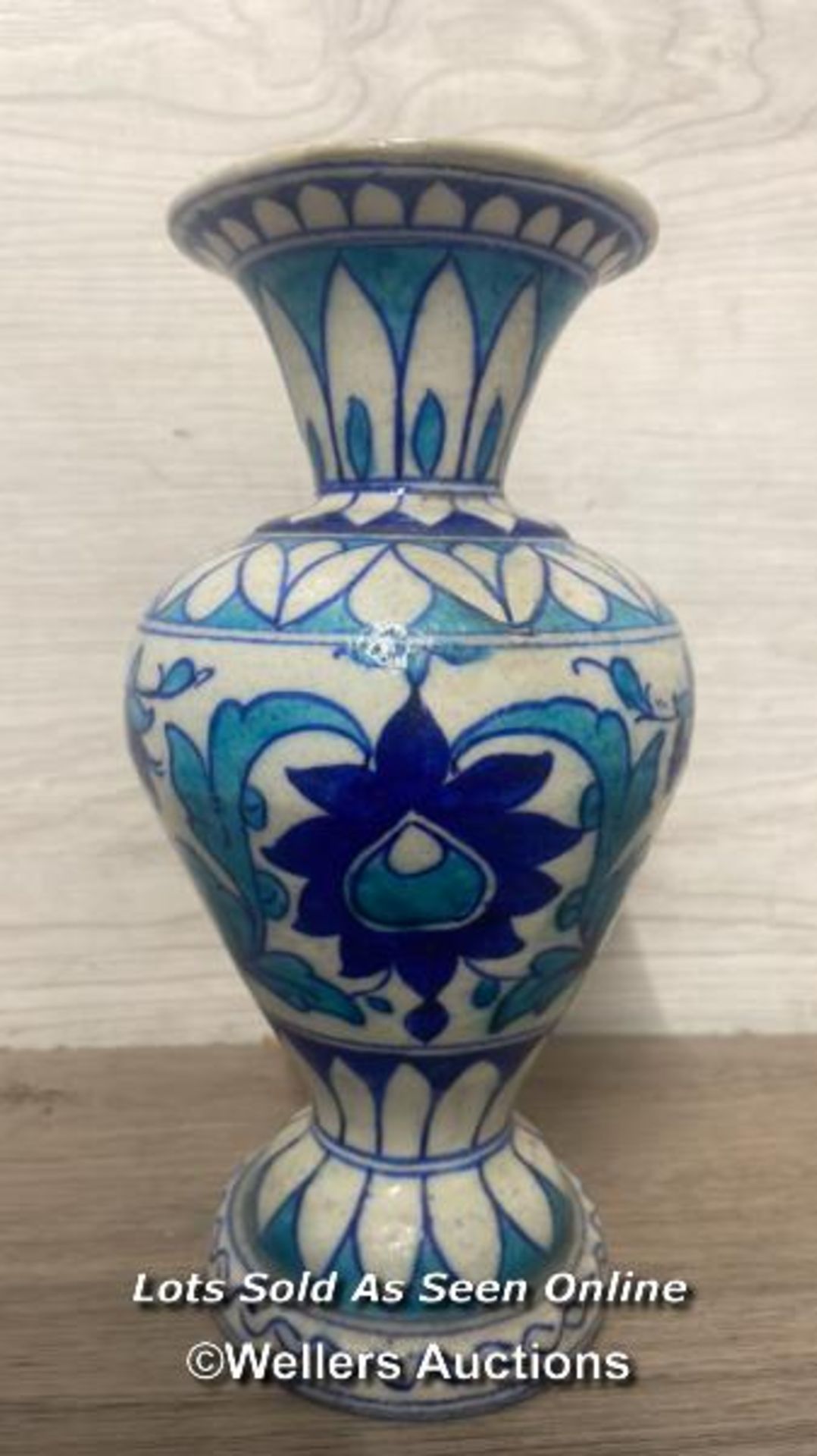 TWO SIMILAR MULTAN POTTERY VASES FROM PAKISTAN, HAND PAINTED BLUE & TURQUOISE FOLIAGE AND FLOWER - Image 9 of 15