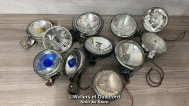 VINTAGE AUTOMOTIVE - ELEVEN ASSORTED CIRCULAR HEADLIGHTS INCLUDING WIPAC AND FARLIGHT