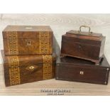 *FOUR ANTIQUE BOXES INCL. GEORGIAN MAHOGANY INLAID TEA CADDY, LOCKED WITHOUT KEY AND TWO INLAID