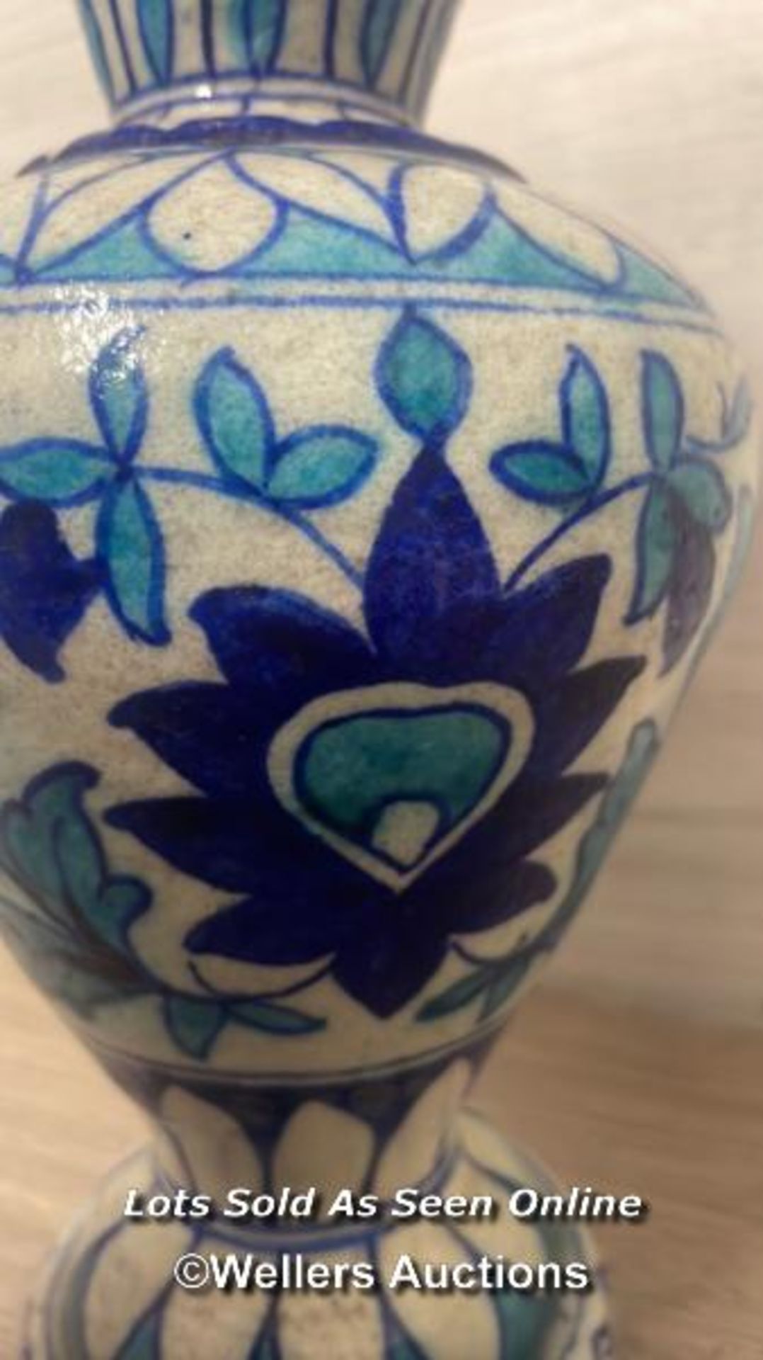TWO SIMILAR MULTAN POTTERY VASES FROM PAKISTAN, HAND PAINTED BLUE & TURQUOISE FOLIAGE AND FLOWER - Image 11 of 15