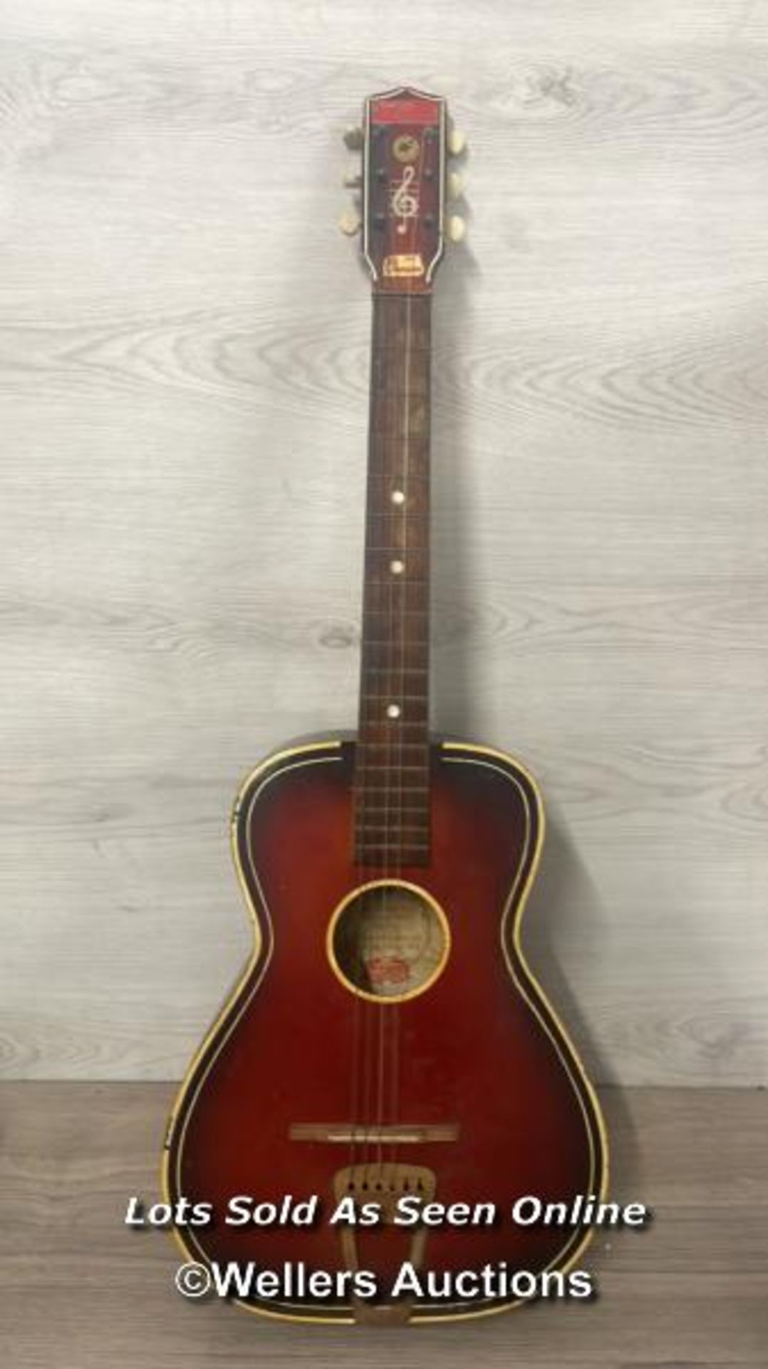 GALLOTONE CHAMPION 3/4 SIZE (MID-1950S) SIX STRING GUITAR MADE BY THE GALLO COMPANY OF SOUTH AFRICA.