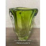 VAL SAINT LAMBERT HEAVY GREEN GLASS VASE OF TWISTED FORM, 18CM HIGH