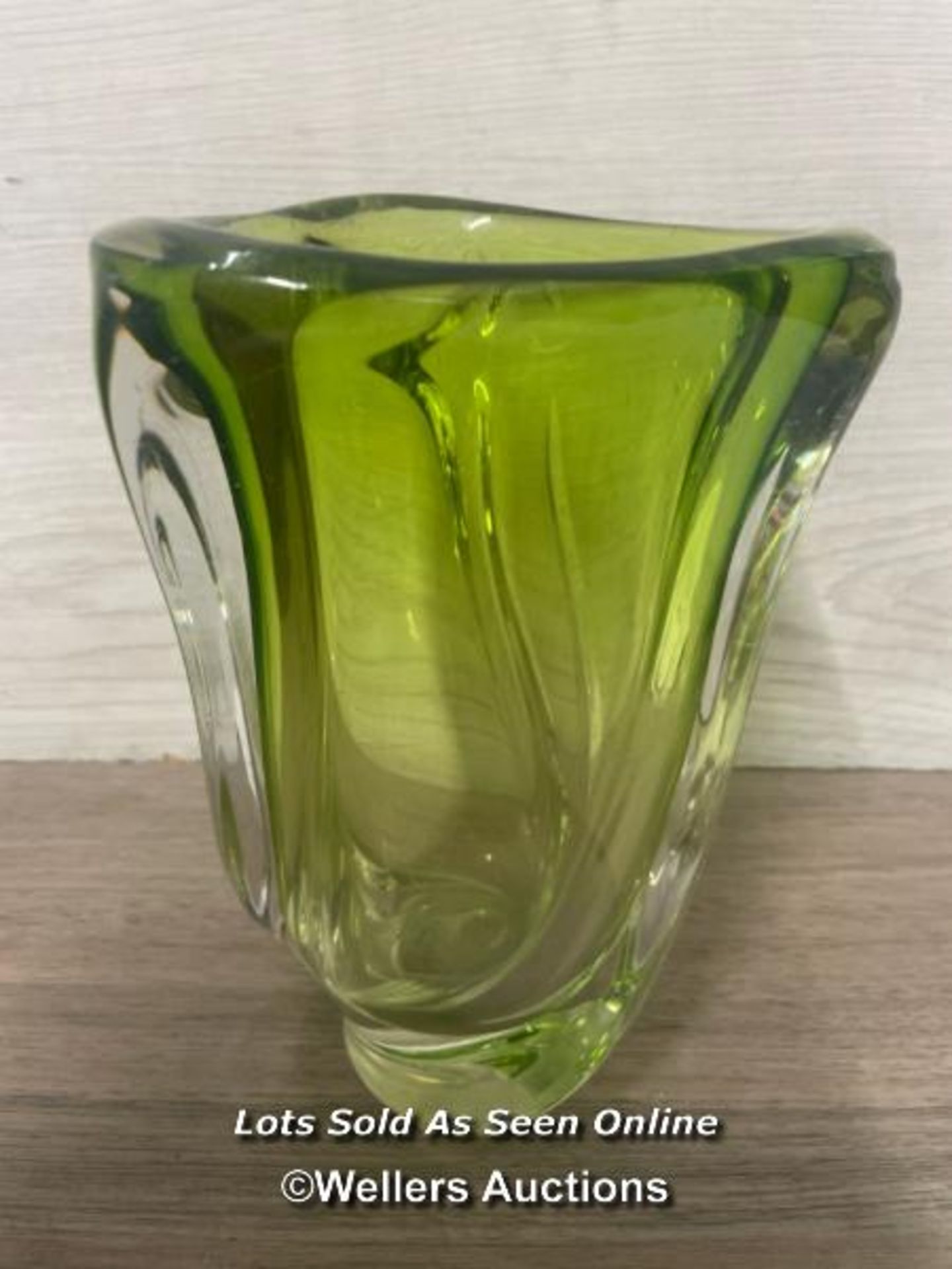 VAL SAINT LAMBERT HEAVY GREEN GLASS VASE OF TWISTED FORM, 18CM HIGH