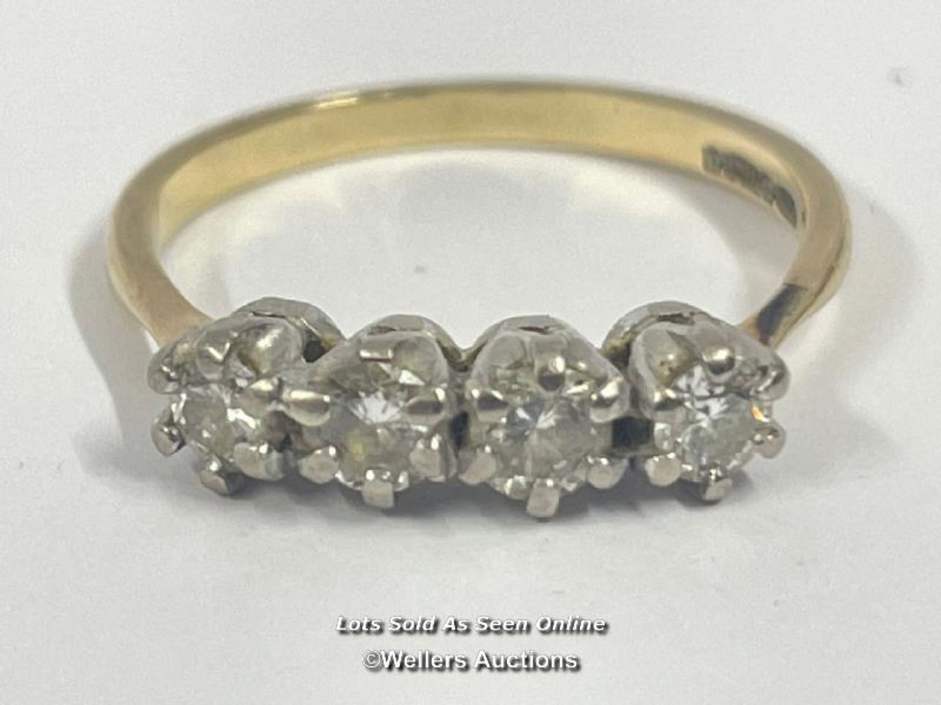 FOUR STONE DIAMOND RING IN HALLMARKED 9CT GOLD. ESTIMATED DIAMOND WEIGHT 0.45CT, RING SIZE L 1/2, - Image 2 of 4