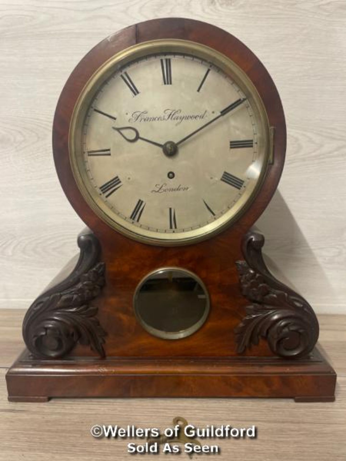 *ANTIQUE MAHOGANY SINGLE FUSEE MANTEL CLOCK BY FRANCES HAYWOOD LONDON, IN NEED OF RESTORATION,