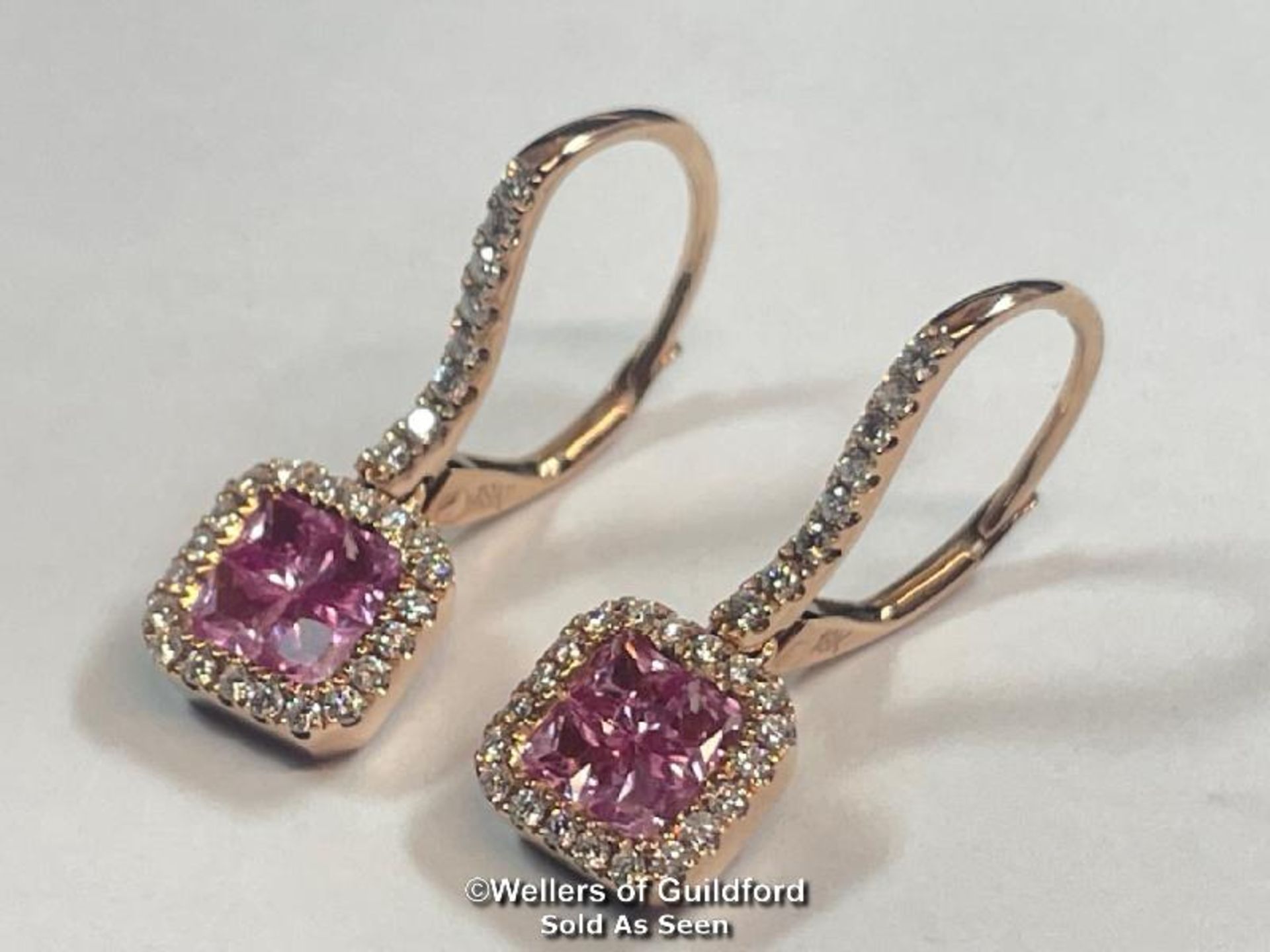 *DIAMOND AND PINK SAPPHIRE DROP EARINGS WITH HOOK AND CLIP FITTINGS STAMPED 18K, ESTIMATED DIAMOND